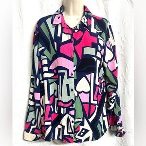 Big Dart Colorful Geometric Button Up Blouse Women's Collared Long Sleeve Sz 12